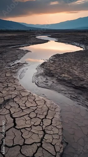 A river flowing through a cracked and lifeless landscape, reflecting the ominous sky