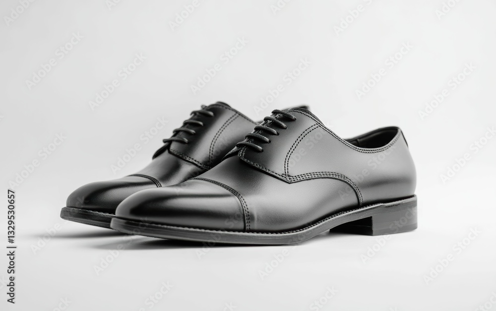 A black leather shoe with a sleek cap toe, crafted for sophistication and ideal for professional settings on a plain white background. A black leather shoe with a sleek cap toe, crafted for sophistication and ideal for professional settings on a plain white background.