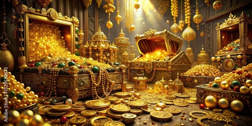 Opulent chamber filled with glittering gold treasures and an array of precious jewels in various shapes, sizes, and colors , gold treasure room, glittering riches