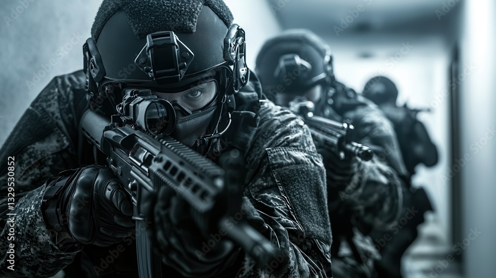 A tense and scene depicting a specialized SWAT team conducting a strategic maneuver in a high stakes urban environment A tense and scene depicting a specialized SWAT team conducting a strategic maneuver in a high stakes urban environment