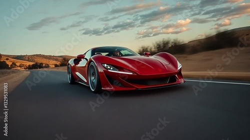 Red Supercar Speeding on Scenic Road at Sunset