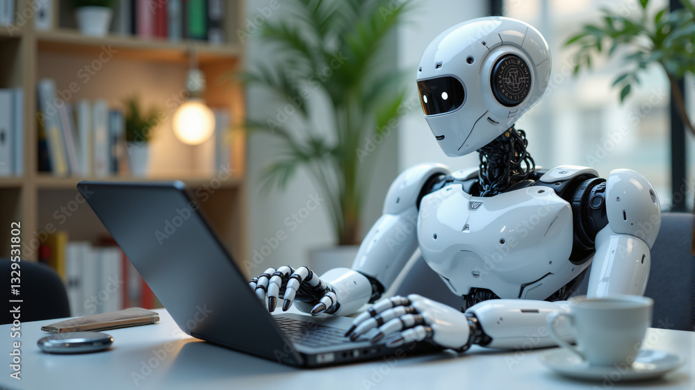 Innovative Robot Working on Laptop Innovative Robot Working on Laptop