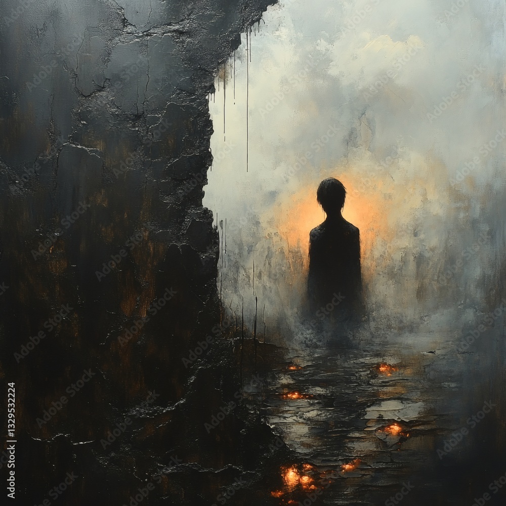 Fototapeta premium a solitary silhouette of a person, enveloped in mist and standing before an atmospheric portal of light