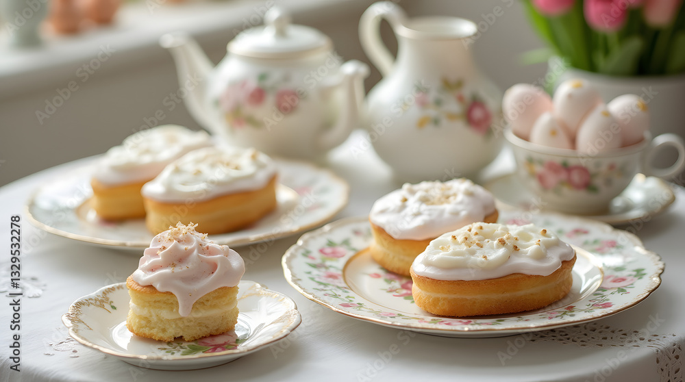 Graceful Spring Tea Party with Delicate Floral China, Festive Iced Easter Cakes, and Fresh Blooms for a Charming Seasonal Gathering Graceful Spring Tea Party with Delicate Floral China, Festive Iced Easter Cakes, and Fresh Blooms for a Charming Seasonal Gathering