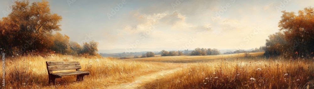 Fototapeta premium a serene autumn landscape with a park bench and golden fields. The sky is cloudy and the light is warm, evoking a sense of peace and solitude