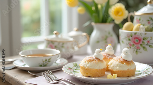 Wallpaper Mural Graceful Spring Tea Party with Delicate Floral China, Festive Iced Easter Cakes, and Fresh Blooms for a Charming Seasonal Gathering Torontodigital.ca