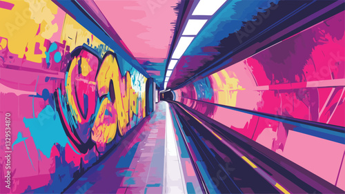 The image is a digital illustration depicting an abstract urban tunnel. The walls are covered in vibrant graffiti art featuring bold colors, including pinks, blues, and yellows. The style is