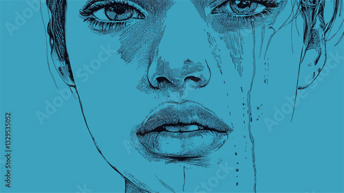 Close-up portrait of a woman's face rendered in shades of blue. The style is artistic and illustrative, possibly digital painting or drawing.  The woman's expression is somber, with what appear to