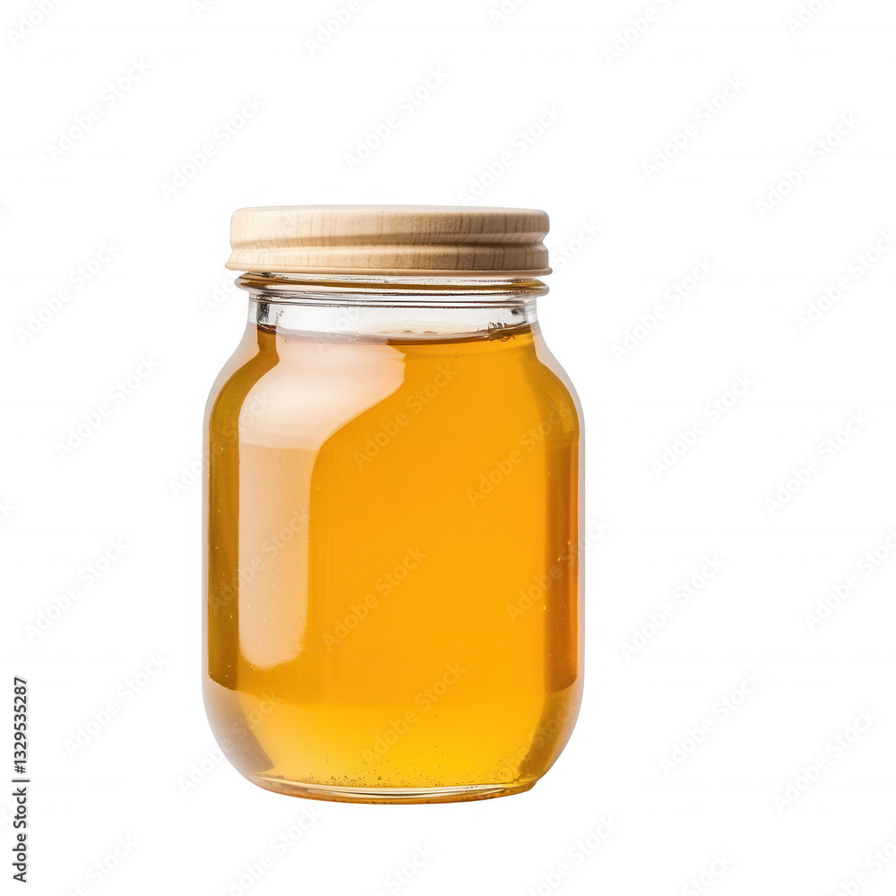Jar of honey with a golden hue, isolated on white background. Jar of honey with a golden hue, isolated on white background.