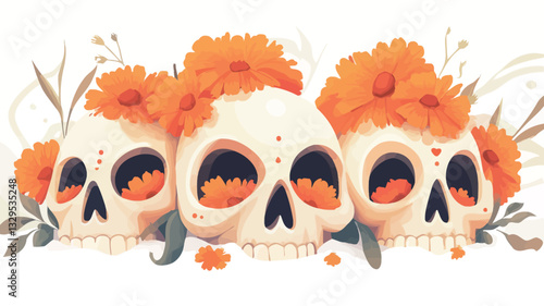 A digital illustration depicting four stylized skulls adorned with vibrant orange marigold flower crowns. The skulls are rendered in a painterly style with soft shading and subtle textural details.