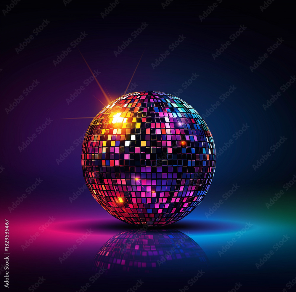 Obraz premium vibrant disco ball reflecting colorful lights in dark setting, creating lively atmosphere. shiny surface showcases spectrum of colors, enhancing festive mood