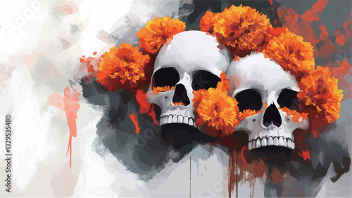Close-up view of two stylized skulls adorned with vibrant orange marigold flowers. The skulls are depicted in a painterly style with visible brushstrokes and textural elements.  The background
