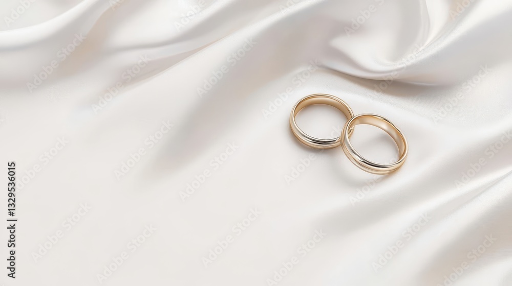 Two golden wedding rings displayed on a smooth satin fabric Two golden wedding rings displayed on a smooth satin fabric