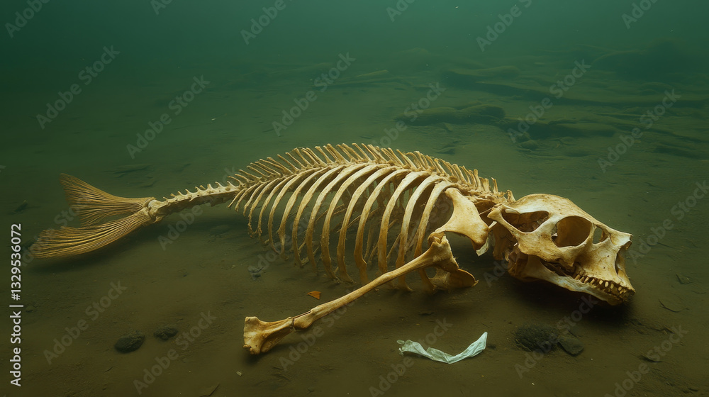 haunting scene of fish skeleton resting on riverbed, surrounded by murky water. eerie atmosphere evokes sense of loss and decay