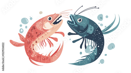 Digital illustration of two stylized fish, one predominantly red-orange and the other blue-teal, facing each other in a playful interaction.  The fish are depicted in a cartoonish style with