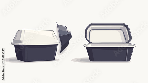 The image shows a 3D rendering of two dark gray food containers. One container is shown closed, while the other is partially opened, revealing a white interior.  The containers have a slightly