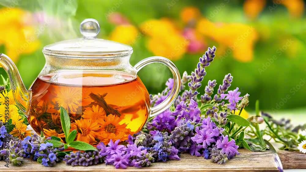 Relaxing moment featuring a clear teapot filled with herbal tea and colorful blossoms Relaxing moment featuring a clear teapot filled with herbal tea and colorful blossoms