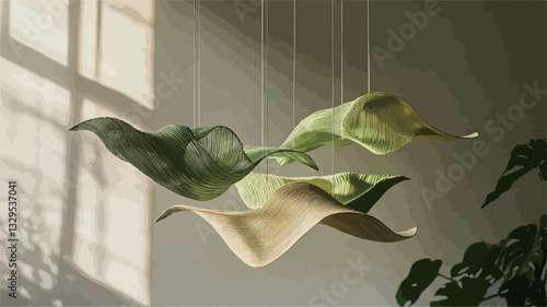 Close-up shot of three suspended sculptures resembling calla lilies. The sculptures appear to be made of a lightweight, possibly textile material in shades of pale yellow, cream, and olive green.