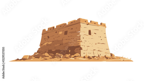A digital illustration depicting a ruined fortress or tower situated in a desert environment. The structure is primarily composed of light brown and tan hues, suggesting aged stone or mud-brick