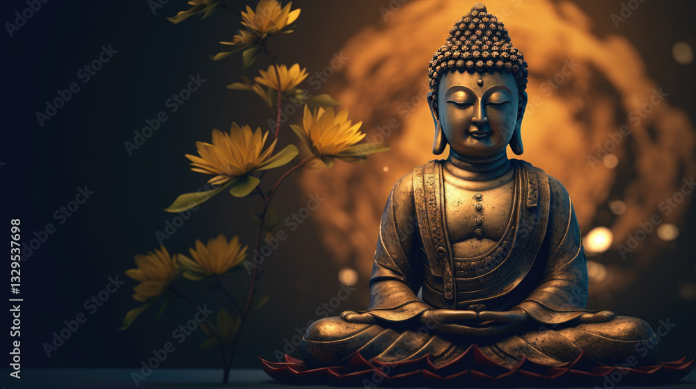 Fototapeta premium Big buddha statue with lotus flowers. Buddha silhouette, background beliefs of Buddhism. 