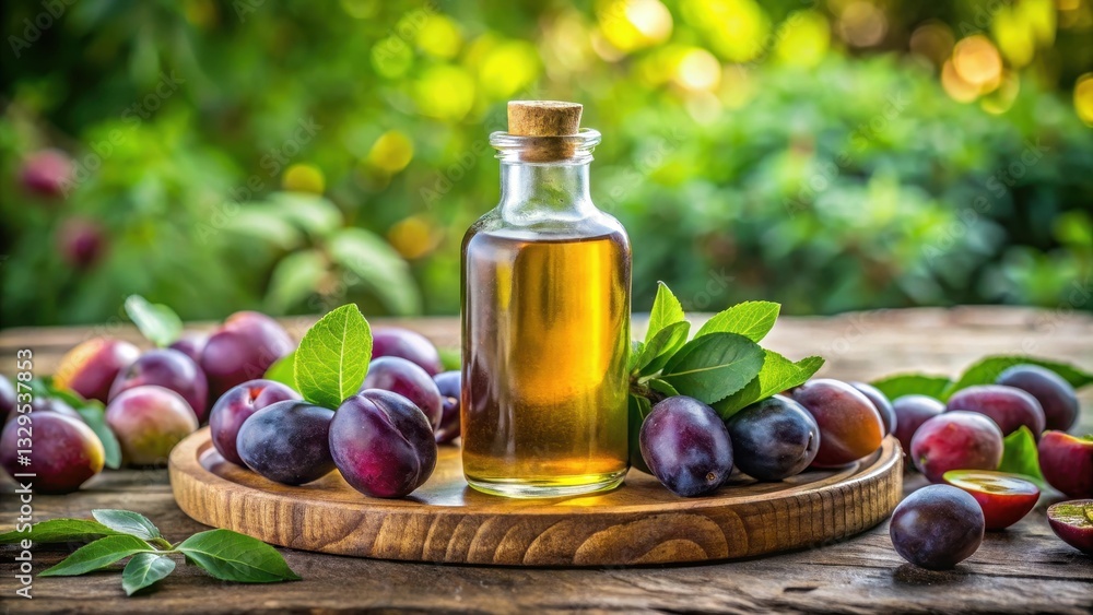 A close-up shot of a plum kernel oil bottle with a natural wooden lid and a sprig of fresh plums in the background, surrounded by lush greenery , plum kernel oil, skincare A close-up shot of a plum kernel oil bottle with a natural wooden lid and a sprig of fresh plums in the background, surrounded by lush greenery , plum kernel oil, skincare