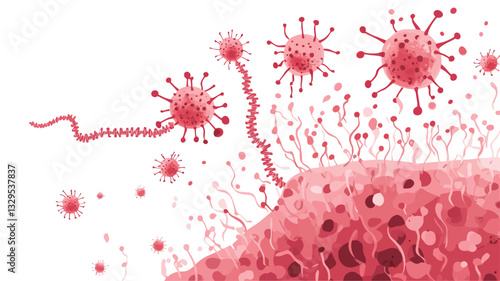 A digital illustration depicting a microscopic view of multiple viruses infecting a cell. The viruses are rendered in shades of red and pink, with spiky surfaces, and are shown attacking a larger,