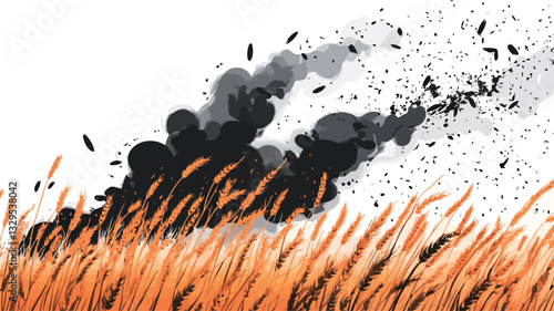 The image is an abstract illustration depicting a field of wheat or tall grass on fire.  The flames are rendered in shades of orange and brown, with black smoke billowing upwards.  Small black
