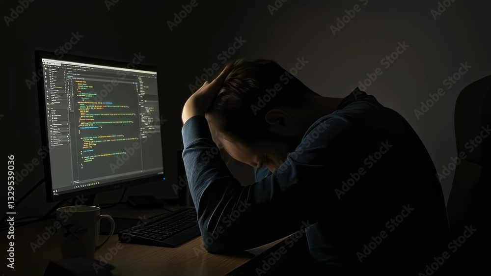 Frustrated programmer, computer screen and dark room with man holding head for coding, error and software problem. Developer, stress and burnout with laptop and code for IT work and technology