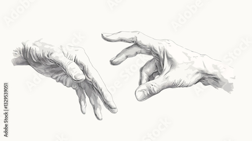 A grayscale sketch depicting two hands, rendered in a detailed line art style.  One hand is open and palm-up, seemingly reaching towards the other hand. The second hand is slightly curled, as if