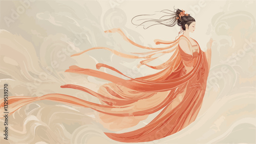 Digital illustration or painting depicting a woman from behind, wearing a long, flowing orange dress. The dress has numerous folds and drapes, creating a sense of movement and fluidity. Her hair is