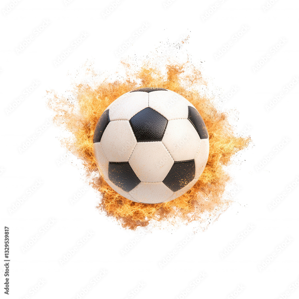 Fototapeta premium Soccer ball with flames, dynamic sports action, white isolated background.