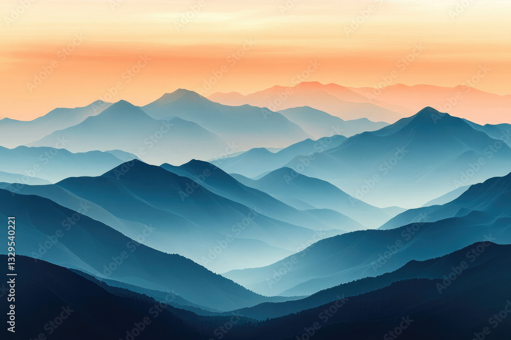 Fototapeta premium Serene sunset over a vast, layered mountain range, painted in shades of blue and orange.
