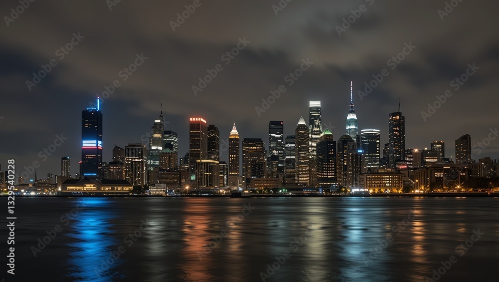 A stunning nighttime view of a city skyline reflecting on the water, showcasing modern architecture and vibrant city lights. A stunning nighttime view of a city skyline reflecting on the water, showcasing modern architecture and vibrant city lights.