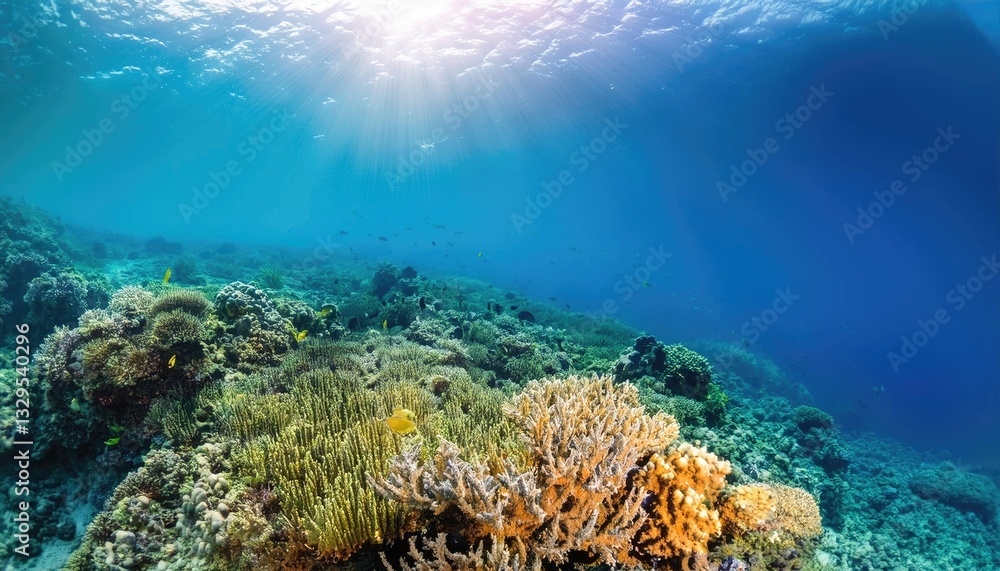 Fototapeta premium Vibrant coral reef ecosystem thrives under sunlight in ocean