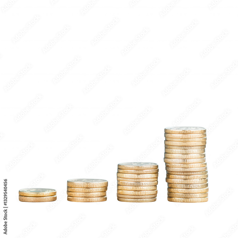 Stacked coins representing financial growth on a white isolated background. Stacked coins representing financial growth on a white isolated background.