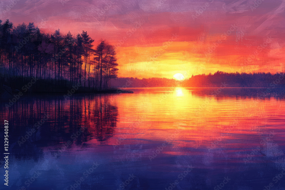 Obraz premium Vibrant sunset over a tranquil lake, silhouetted trees reflecting in the fiery water.