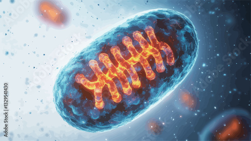 A digital illustration depicts a mitochondrion in microscopic detail. The mitochondrion is rendered as a bean-shaped structure with internal cristae depicted in glowing orange, against a dark blue