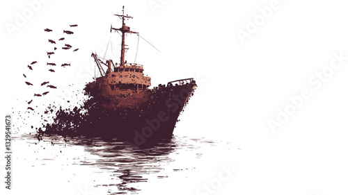 A stylized illustration of a fishing boat on the ocean.  The boat is depicted in dark brown and reddish-brown hues, appearing aged or weathered.  A flock of birds is shown flying near the boat,
