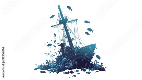 A vector graphic illustration depicting the silhouette of a sunken shipwreck. The image is predominantly in shades of blue, with the shipwreck centrally positioned against a white background.  The