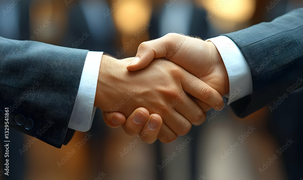 Close-up of a firm handshake between two businesspeople in suits, symbolizing agreement and partnership. Blurred background suggests a larger group Close-up of a firm handshake between two businesspeople in suits, symbolizing agreement and partnership. Blurred background suggests a larger group