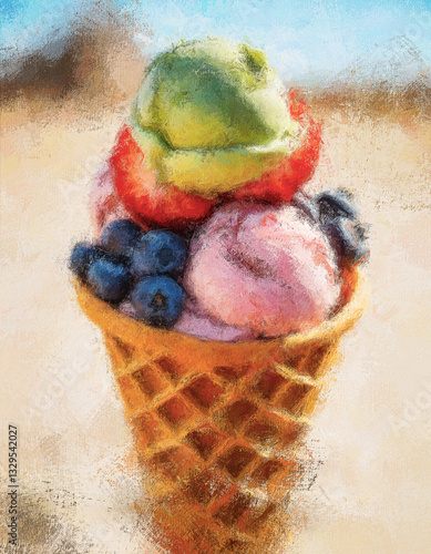 Delicious Ice Cream Cone with Multiple Flavors and Topping. Digital painting