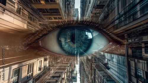 An artistic representation of an eye superimposed over a bustling cityscape, symbolizing perception and observation within urban environments through an abstract lens.