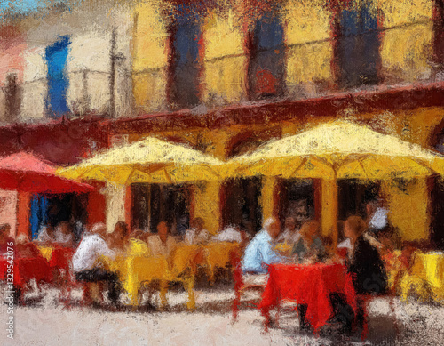 Charming Street Cafe with Outdoor Seating and Umbrellas. Digital painting