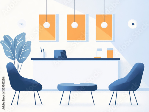 A large, open room with a white counter and a potted plant