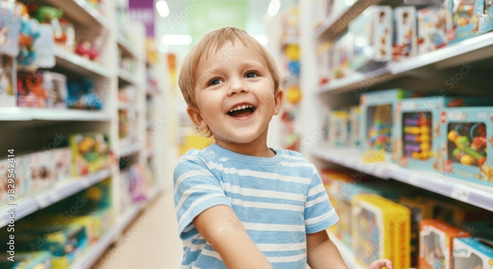 Caucasian child smiling in toy store aisle surrounded by colorful toys Caucasian child smiling in toy store aisle surrounded by colorful toys