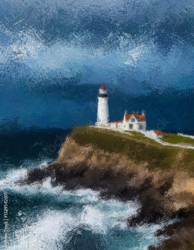 Stormy Lighthouse Scene with Dramatic Clouds and Waves. Digital painting