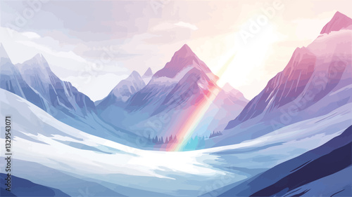 Digital painting or illustration depicting a stylized landscape.  The image features a prominent rainbow arching over a valley nestled between snow-covered mountains. The color palette is
