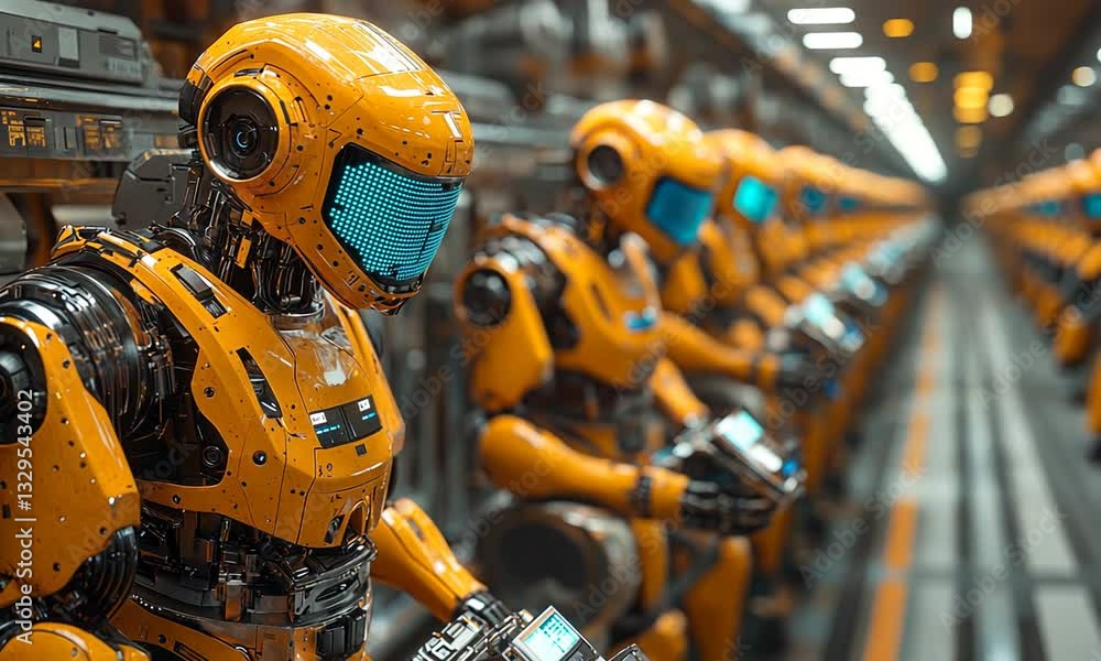 Futuristic robotic assembly line featuring orange robots working in a high-tech factory environment Futuristic robotic assembly line featuring orange robots working in a high-tech factory environment