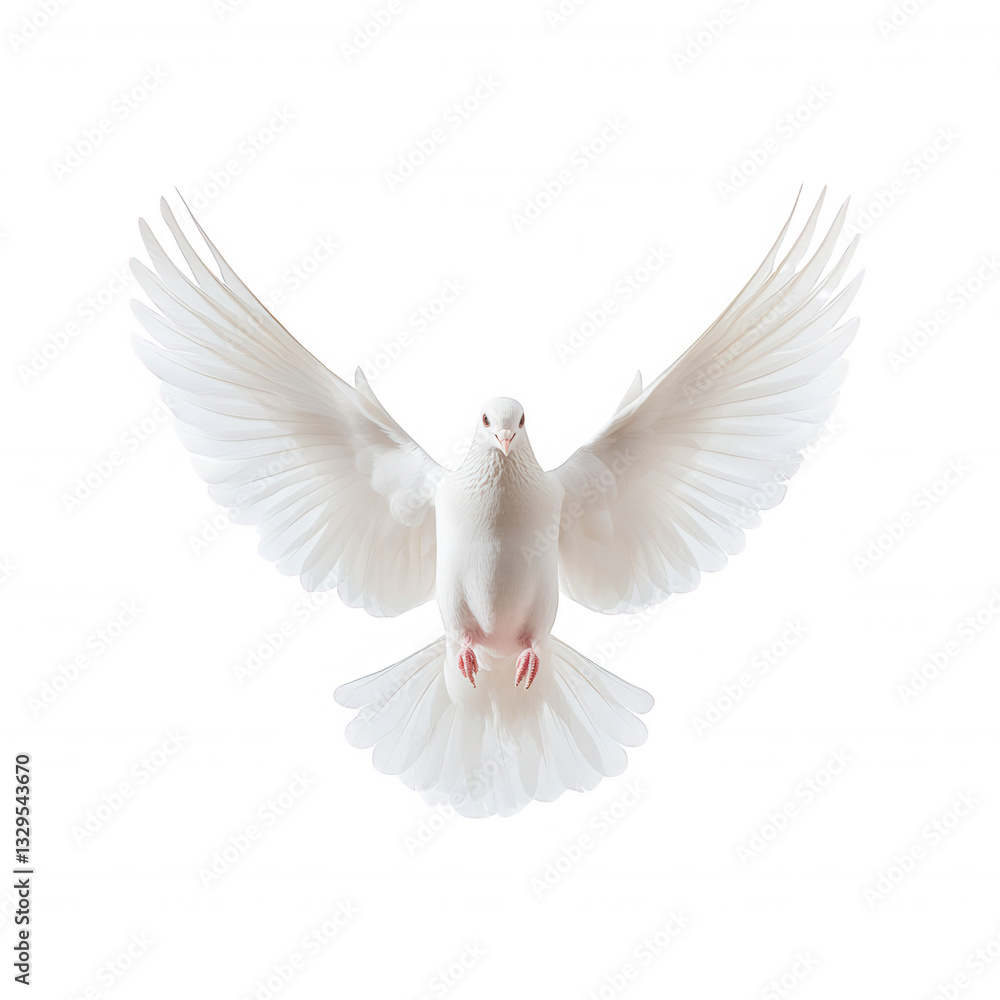 White dove soaring gracefully against a white isolated background. White dove soaring gracefully against a white isolated background.