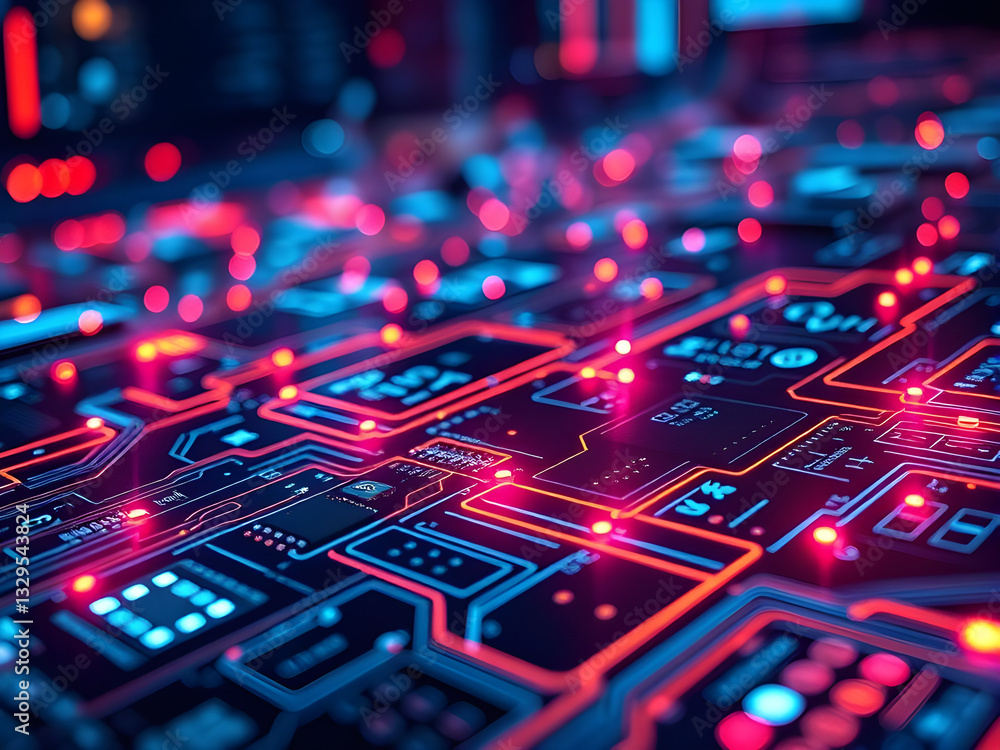 Futuristic and high-tech, a technological background with circuit boards and neon lights Futuristic and high-tech, a technological background with circuit boards and neon lights